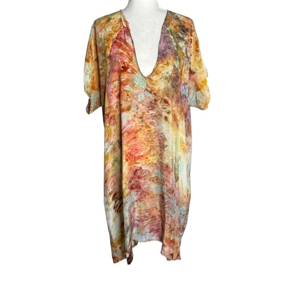 Peri Tie Dye Tunic Dress One Size Boho Caftan V Neck Short Sleeves Pockets - Picture 1 of 7